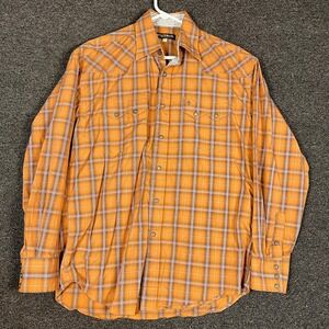 Stetson Mens Orange Plaid Western Snap Shirt Long Sleeve Cotton Cowboy Medium